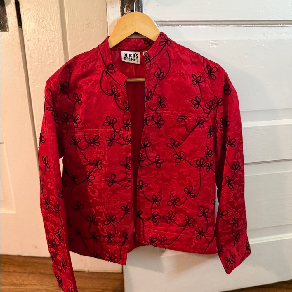 Chico's Vibrant Red Jacket with Black Embroidery